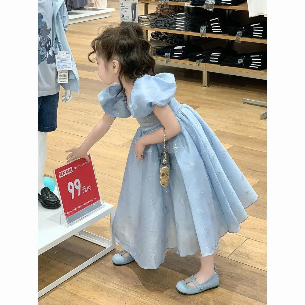 Abbigliamento per bambini 2024 estate corea nuovo dolce elegante manica a bolle vestito da principessa ragazze vestito di compleanno azzurro