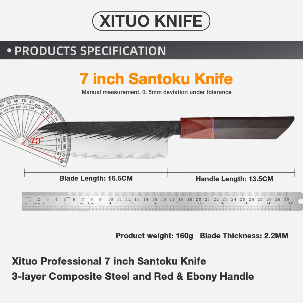 XITUO 7 Inch Santoku Knife Japanese Handmade Knife Three-layer clad steel Black Sandalwood Handle Kitchen Chef Knife Ultra-sharp