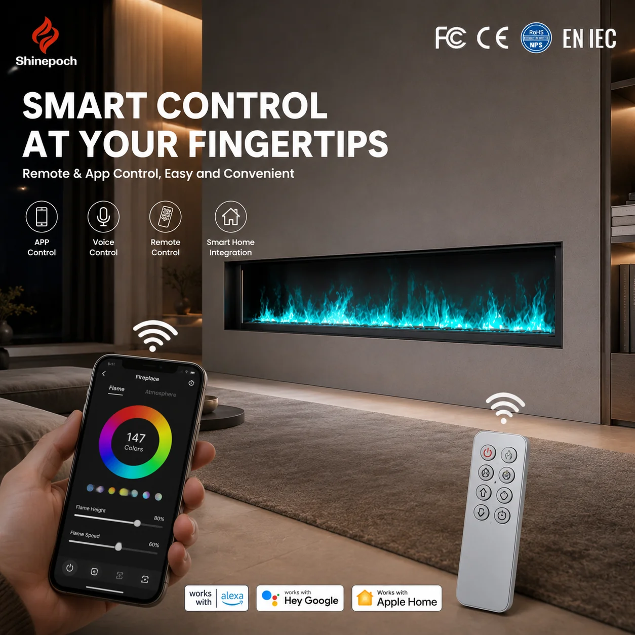 Latest Design 1000mm 3D Realistic Flame Electric Fireplace WiFi Control Water Fireplace For Apartment Living Room