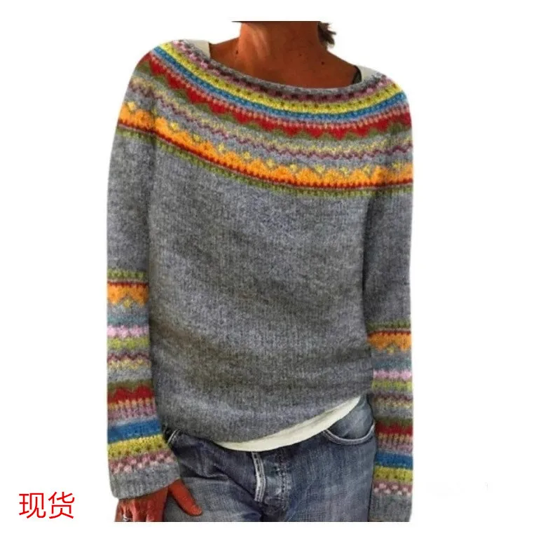 Women Vintage Fair Isle Knit Sweater Crew Neck Long Sleeve Gradient Color Loose Casual Winter Pullover Jumper