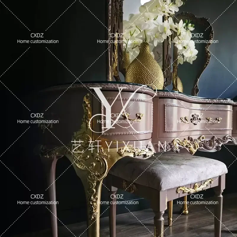 European Luxury Dressing Table with Mirror and Makeup Stool Engraved Gold Foil Pink Purple Vanity Desk for Bedroom
