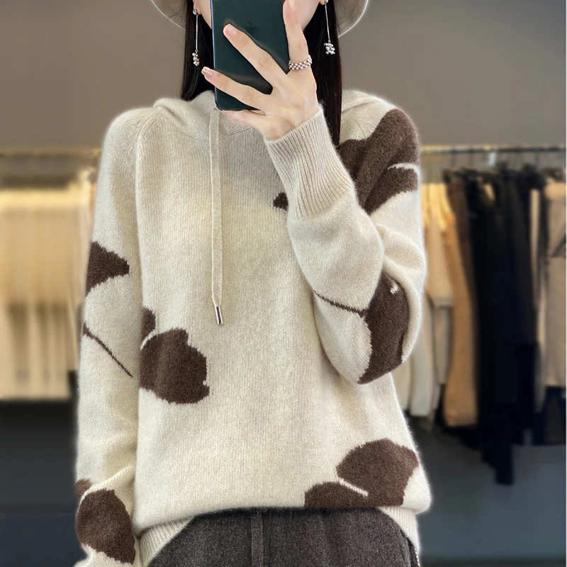 

WOTEEWS Autumn/Winter New 100% Pure Wool Women's Hooded Sweater Loose Contrast Knitted Long Sleeve Cashmere Women's Pullover