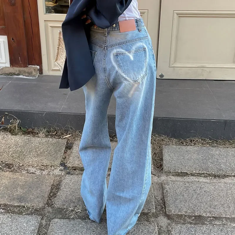 

French Vintage High Waist Wide Leg Pants Love Printing Old Design Denims Pants Chic Summer Wide Leg Washed Jeans Women