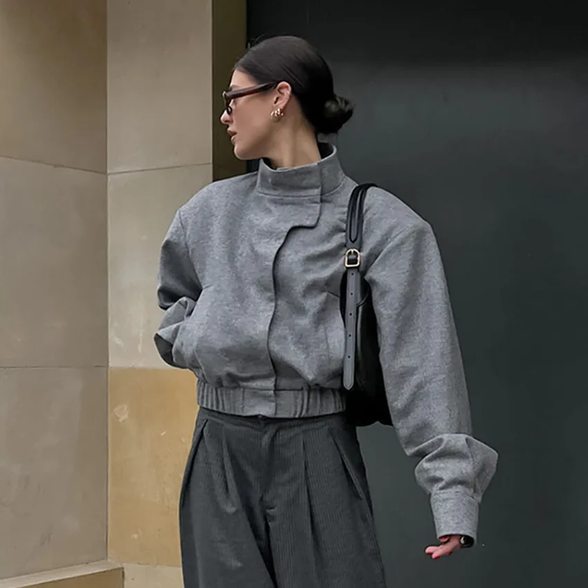 تنوعا رمادي الخريف المرأة معطف الصوف الوقوف طوق متبل زر مطاطا هيم سترة لسيدة نمط غير رسمي الإناث السترة