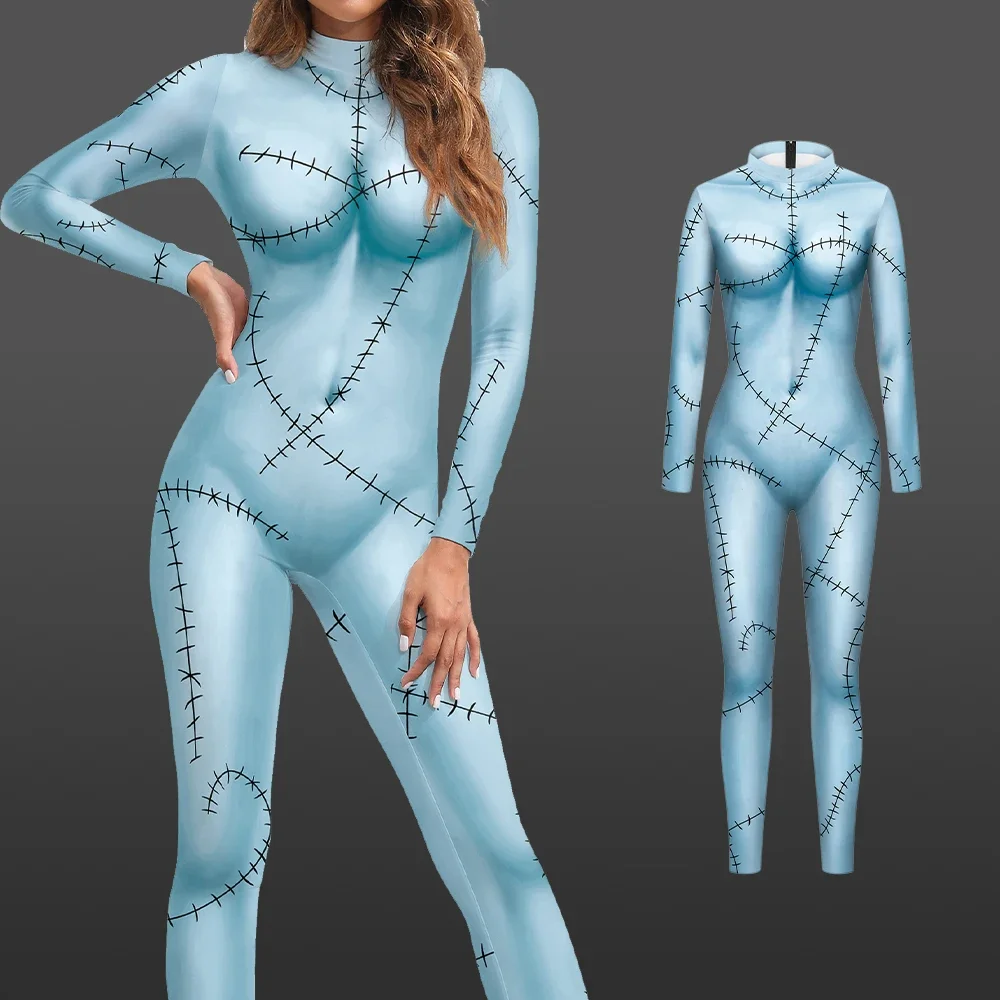 ฮาโลวีนภาพยนตร์Sallyคอสเพลย์ปาร์ตี้Horroเครื่องแต่งกายผู้หญิงSlim Jumpsuit Catsuit Zentai GothicหญิงBodysuitคอสเพลย์เสื้อผ้า