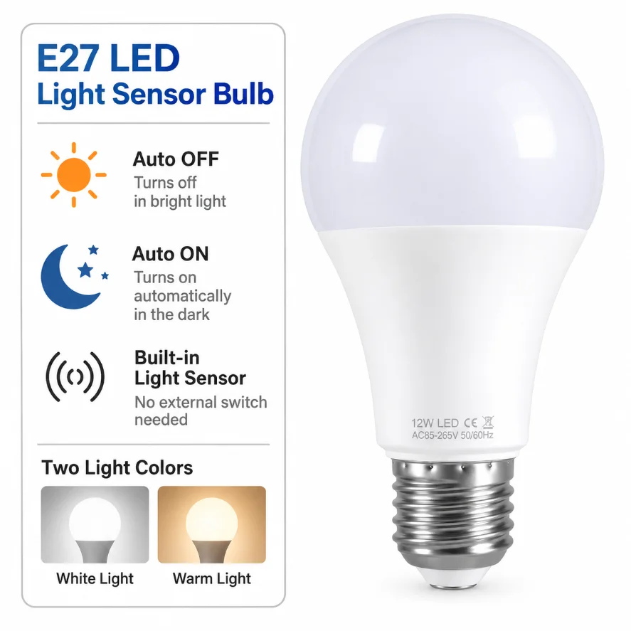 AC85V-265V E27 Light Sensor LED Bulb Dusk To Dawn Auto on/Off Lamp White Warm Light Smart Night Light for Porch Hallway Garage