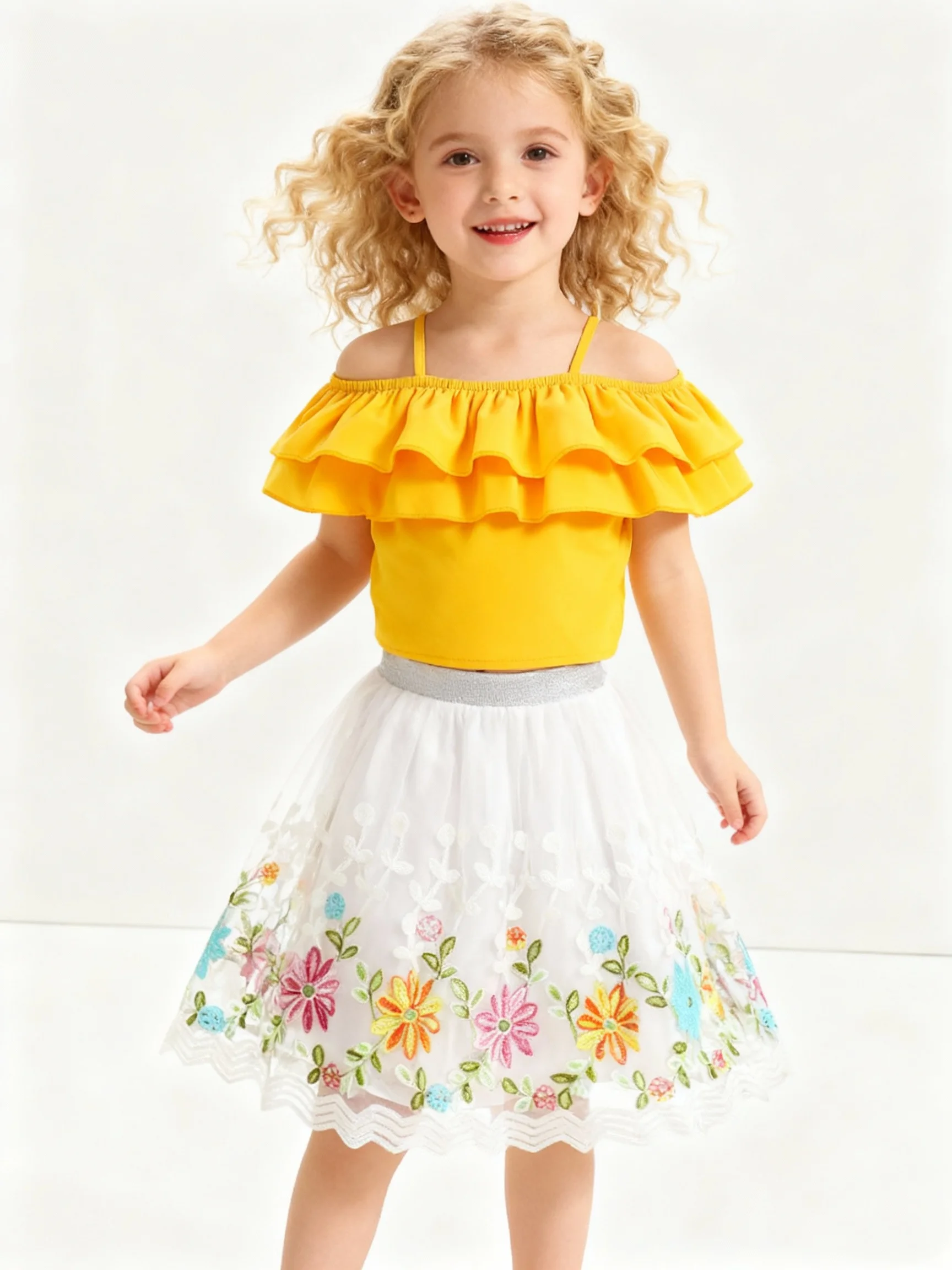 تي شيرت صيفي للفتيات مكون من قطعتين بلون سادة بدون أكتاف مع تنورة شبكية مطرزة بالزهور طقم كاجوال