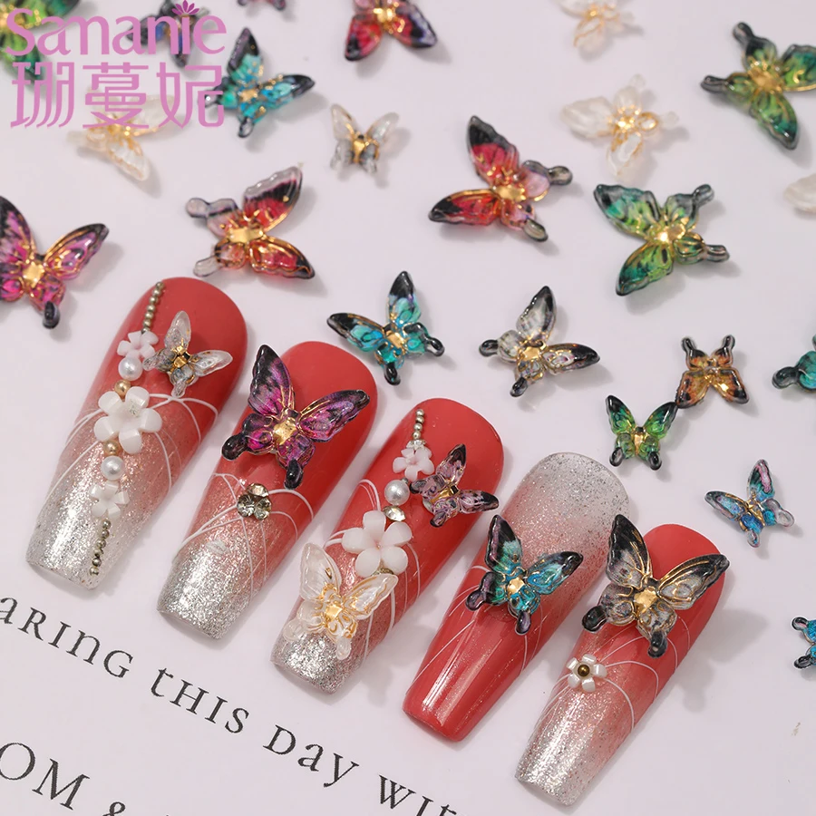 30PCS Trendy Sweet Multi Color Transparent Butterfly Nail Art Charms 3D Resin Glossy Small Butterfly Nails Decoration DIY Crafts