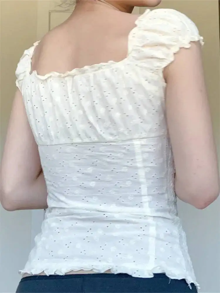 

Women Blouse Short Sleeve Square Neck Button Down Summer Tops Retro Kawaii Fairycore Y2K Shirts Female