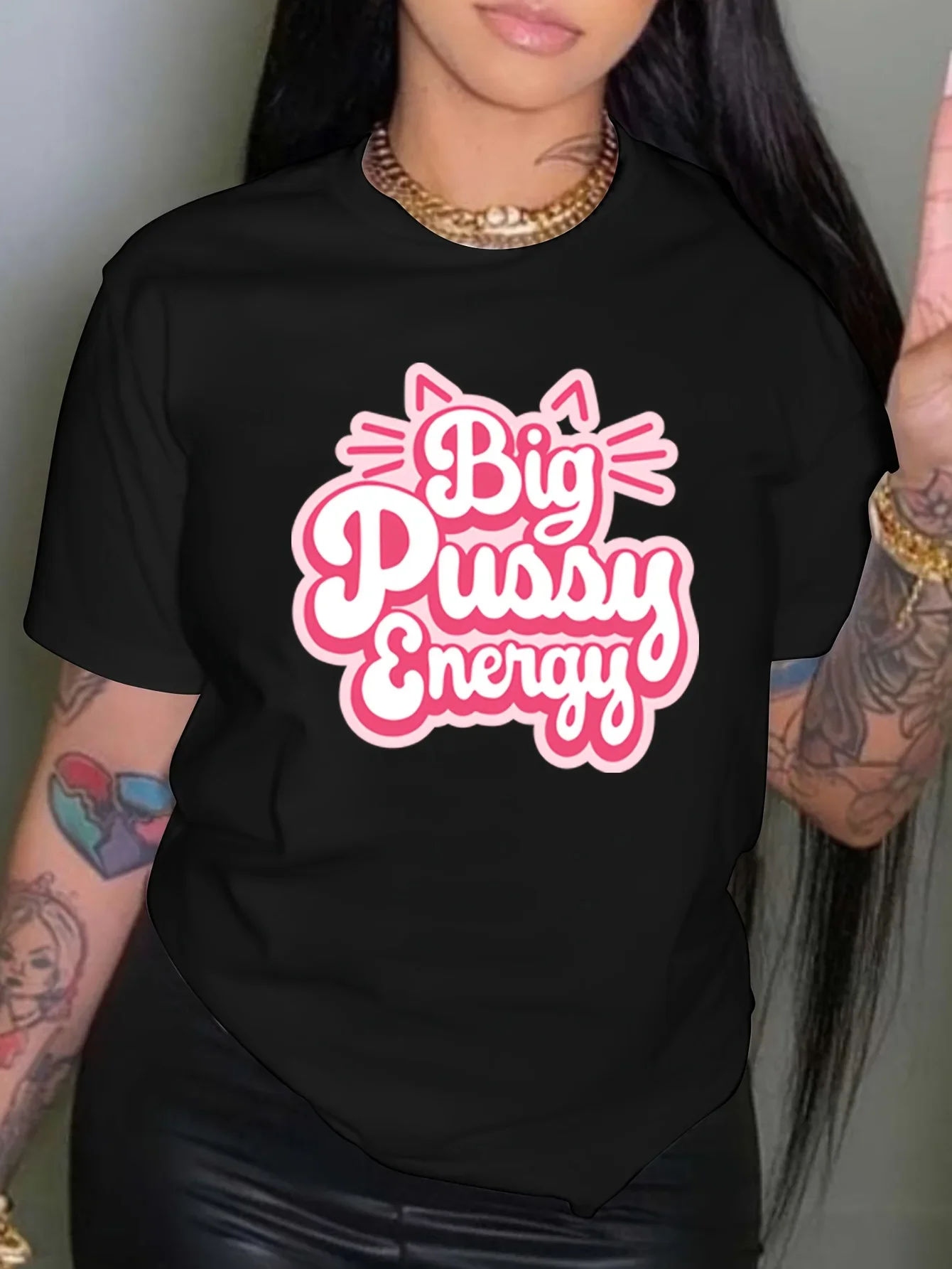 Big Pussy Energy Letter Print T-shirt, Casual Short Sleeve Drop Shoulder Top, Women's Clothing