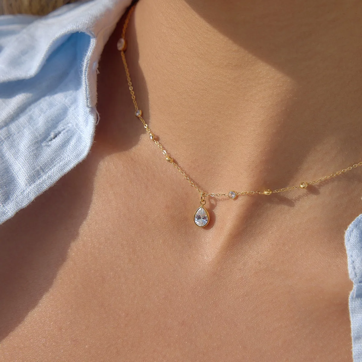 Shiny Zircon Droplet Overlay Necklace 18k Gold Plated Stainless Steel Water Drop Clavicle Charm For Women's Minimalist Choker