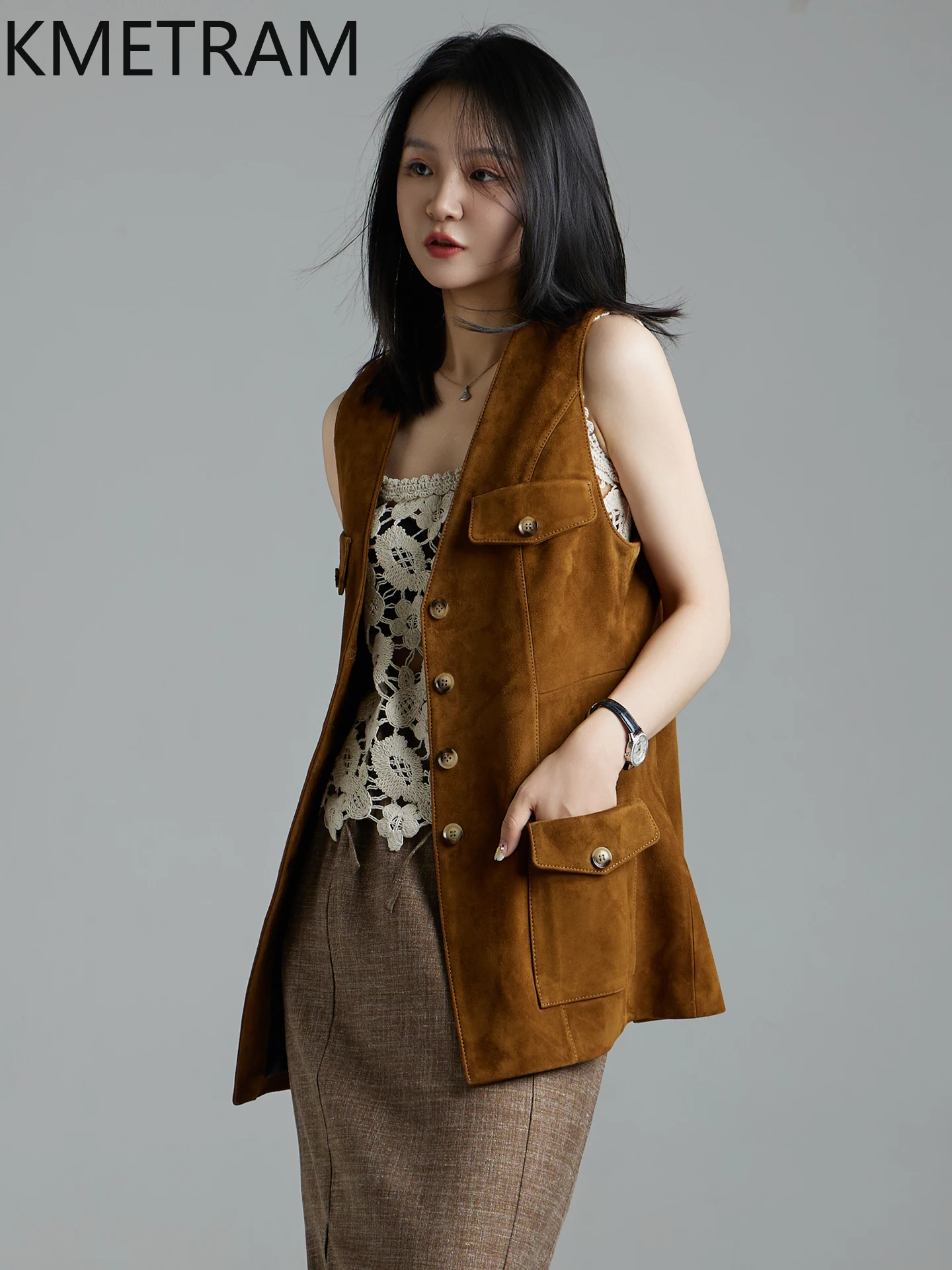 KMETRAM 100% Natural Sheepskin Reverse Suede Vest Mid Length Women Genuine Leather Jacket 2025 Autumn New Outerwears ropa mujer