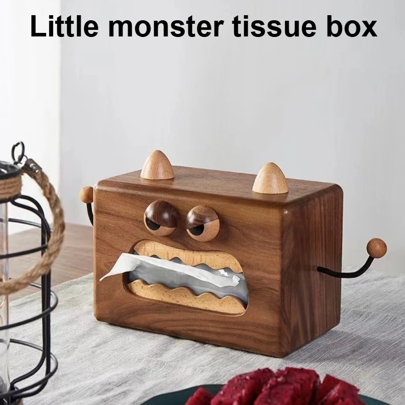 Little monster tissue box black walnut, desktop retro wooden napkin storage box.