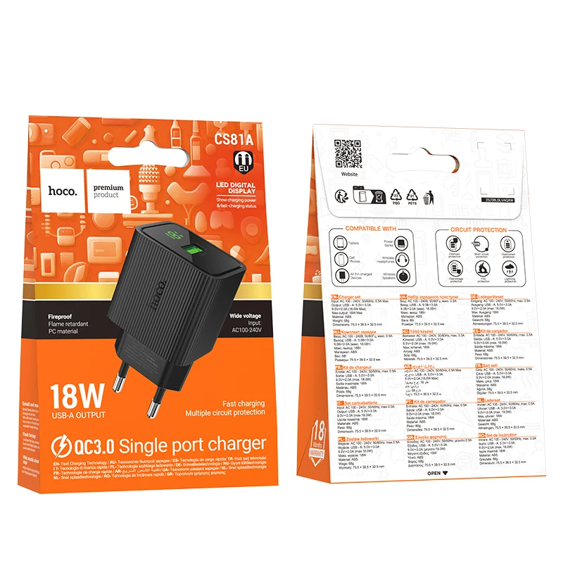 HOCO EU Plug 18W USB A LED Digital Display Wall Travel Charger For Samsung A51 A71 QC3.0 Phone Charger Adapter For Xiaomi Huawei - Image 6