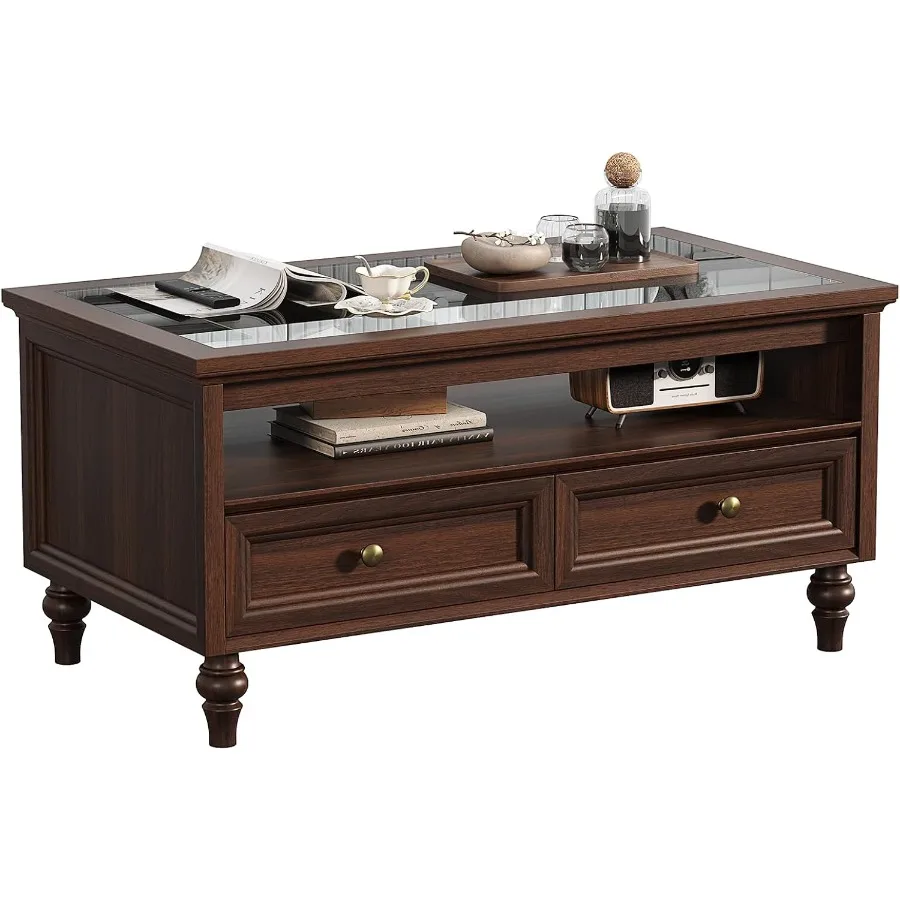 39.4 Rectangle Coffee Table with Storage for Living Room, Solid Wood, Natural Brown, Rustic Farmhouse Style and Hidden Compartm