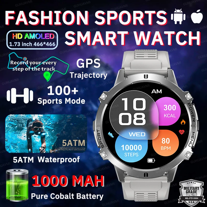 

2025 NEW Men Outdoor Military GPS SmartWatch 1.73 inch HD AMOLED Screen Compass 1000MAH HD Call 5TAM Waterproof Watch For XIAOMI