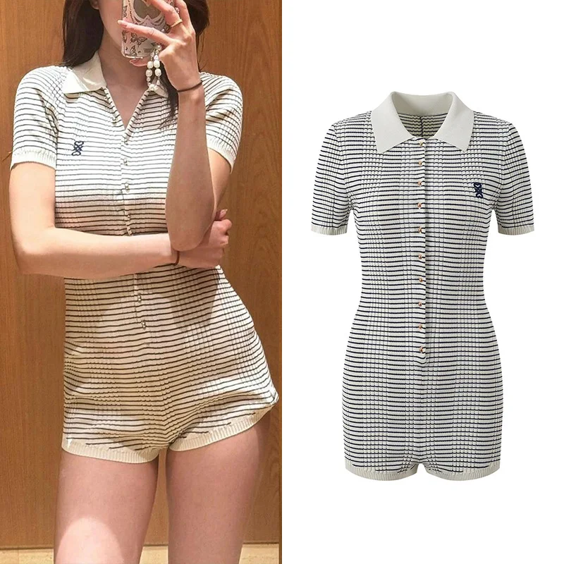 

CHUJIE Women's Dress Polo Collar Single Breasted Contrasting Stripes Slim Fit Short Sleeved Knit Jumpsuit 2025 Spring/Summer New