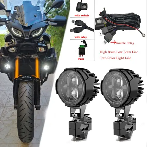 Pair 100W Motorcycle Headlight Fog Lights Led Auxiliary Driving Light Spotlight Headlamp Dual Color flasher farol Moto Fog Lamp.