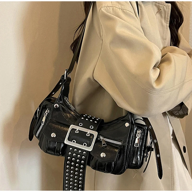Mehrtaschen-Schultertasche mit Metallnieten, Damen-Punk-Unterarmtasche mit Nieten, Motorrad-Y2k-Mädchen-Umhängetasche mit Gürtelschnallendesign – Detail 14