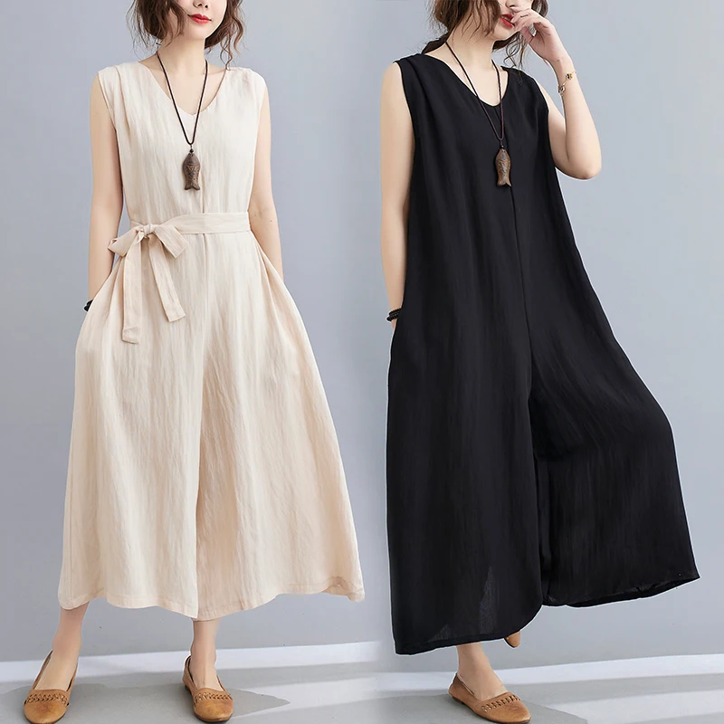 

Women Casual Jumpsuits Summer Outfit Clothes Sleeveless Loose Wide Leg Rompers with Large Pocket Homewear Cotton PantsT141