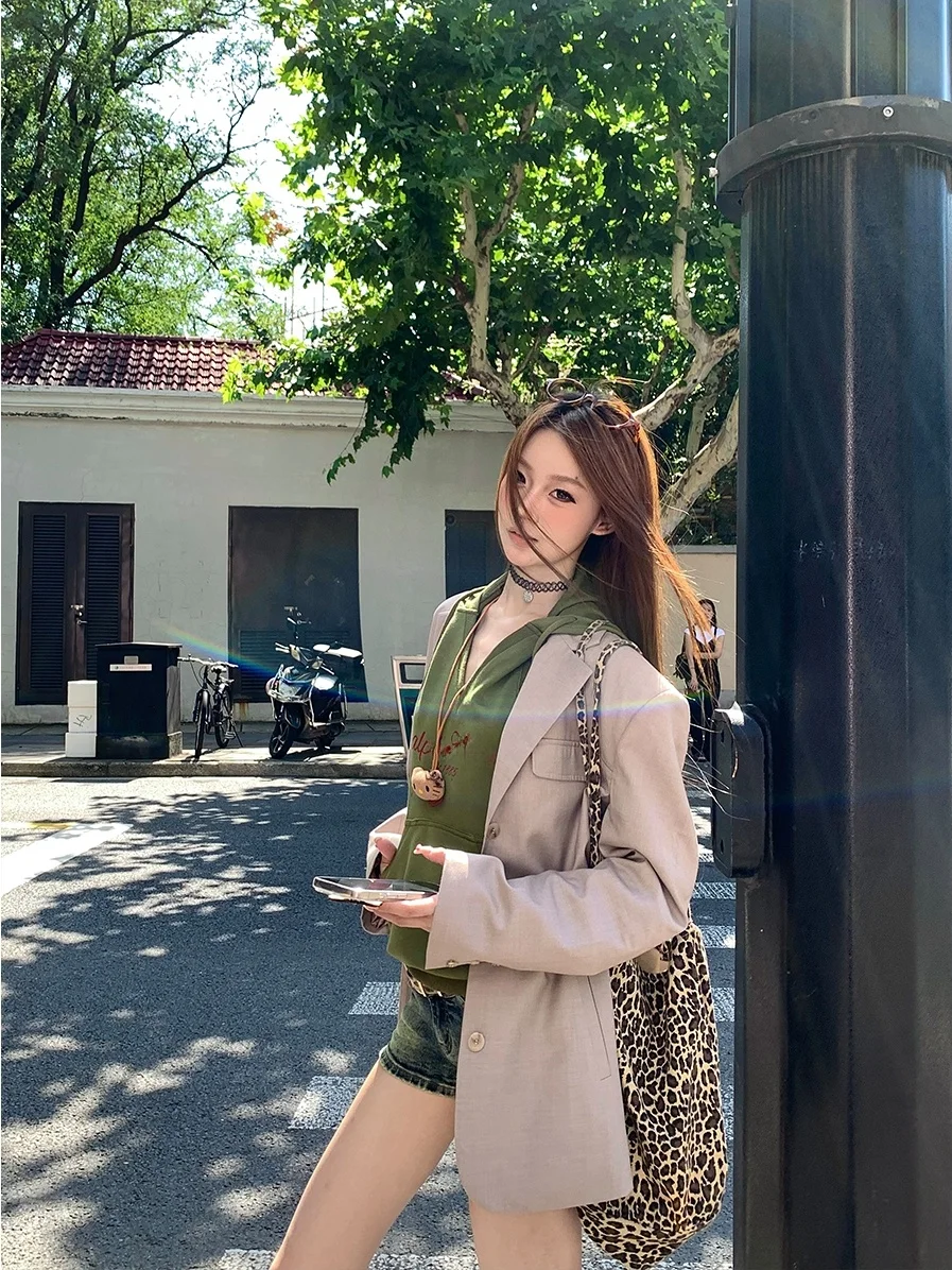 

FHEER Korean Sle Casual Tailored Spring Autumn Women's Color Loose Boyfriend Jaet Straight Tube pe Long Sve