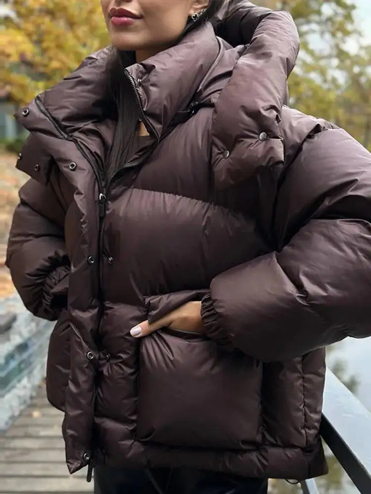 Casual Hooded Padded Jackets Women's Loose Full Sleeves Zipper Pockets Stand Collar Coats 2026 New Autumn Winter Ladies Outwear