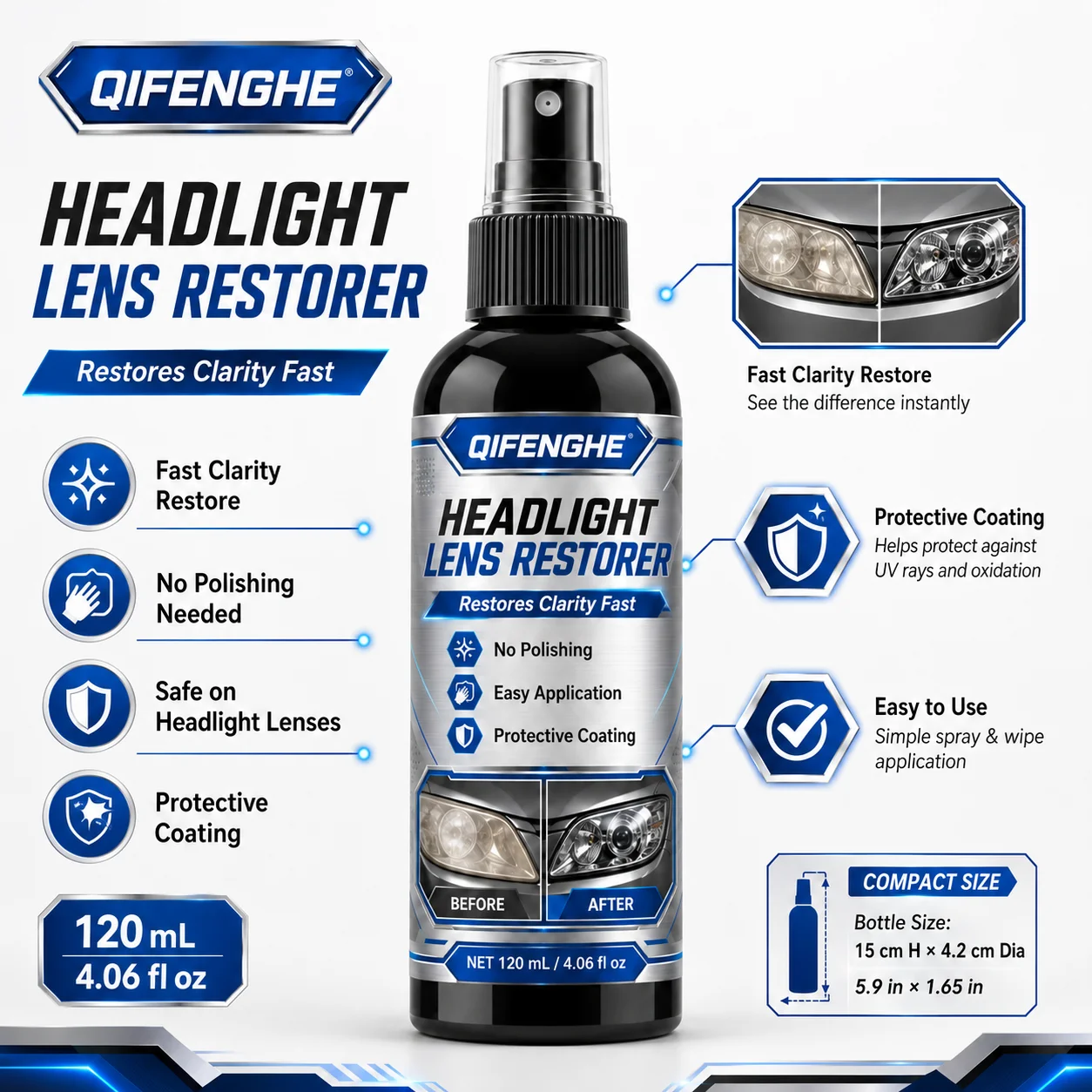 Car Headlight Restorer, Quick Fix for Hazy Yellow Lenses, No Sanding Needed, Anti-Aging Coating