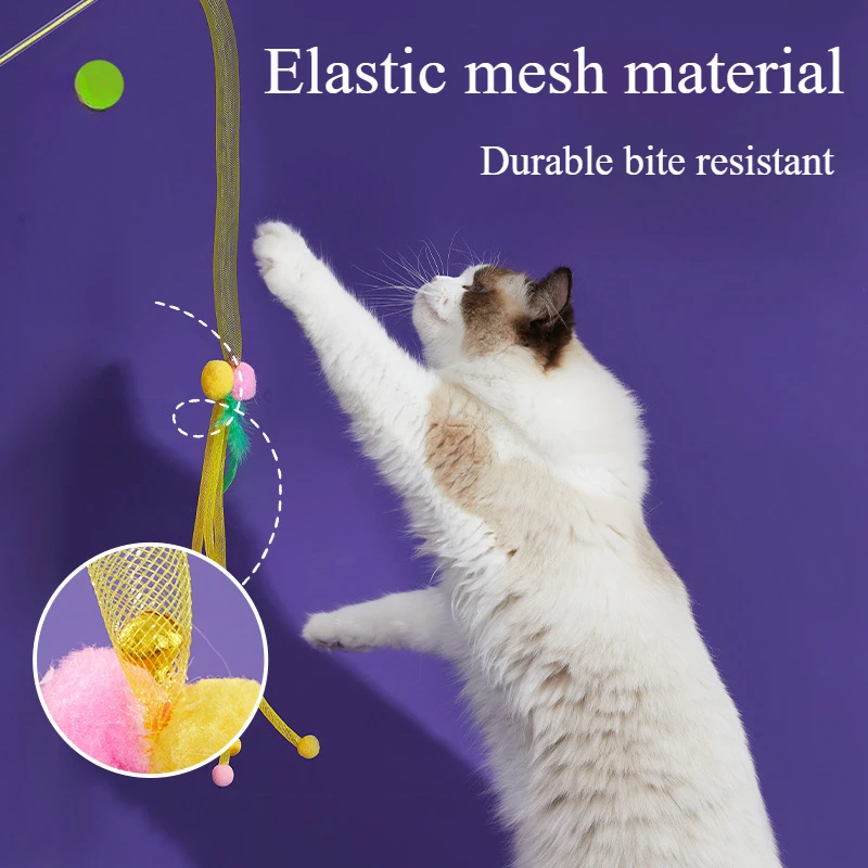 Pet Elastic Mesh Teasing Stick With Bell Long Rod Fishing Stick Human Pet Interactive Toy Supplies