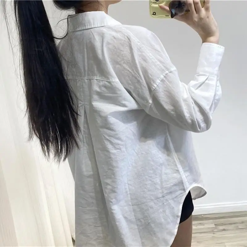 Neue Damen Bla Long Sve Leinen irt mit ket Design Sommer Loose Fit Kragen Reine Farbe Knopfverschluss