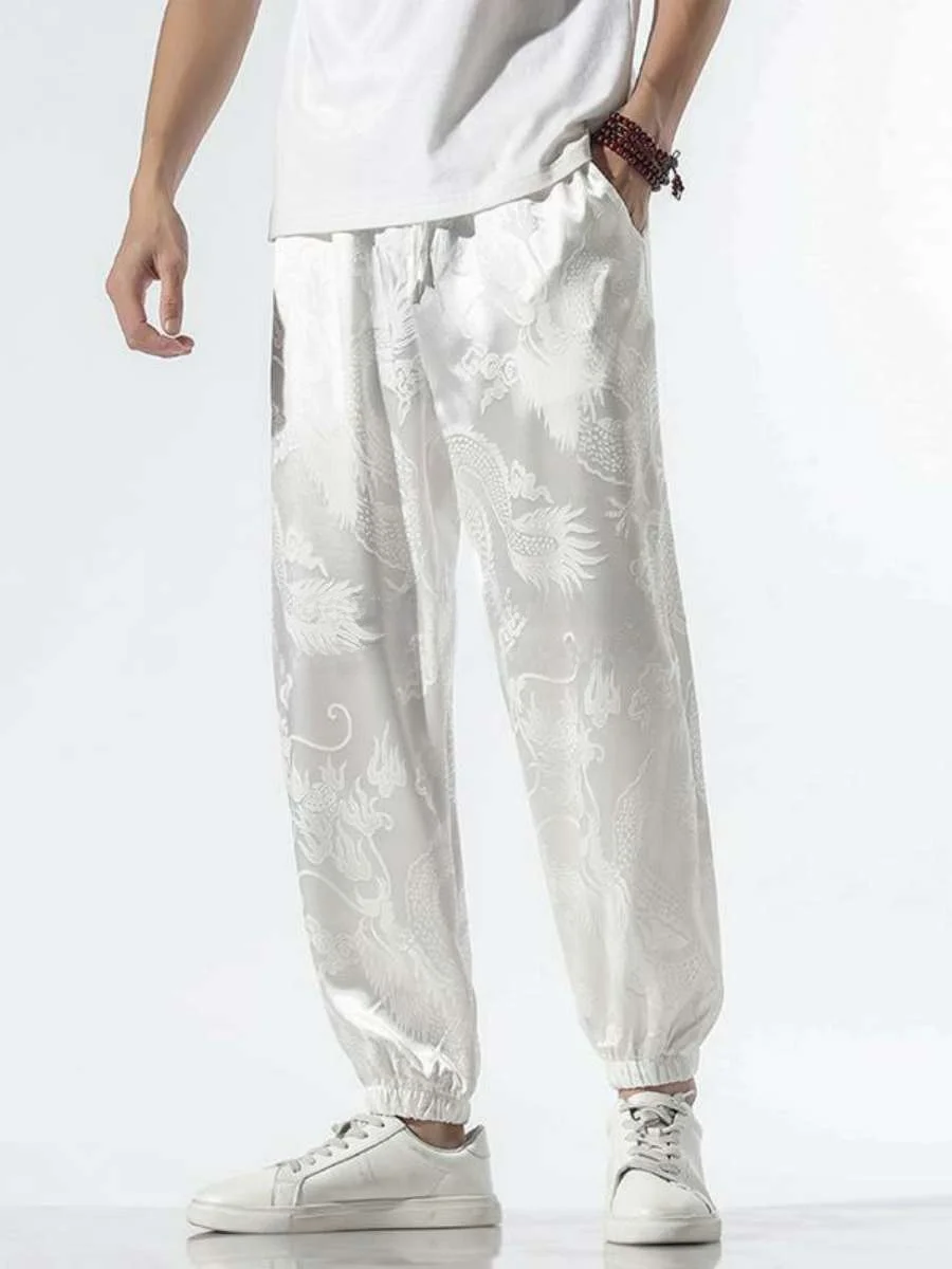 Men's Summer Thin Ice Silk Embroidered Harlan Pants Loose Sports Trousers mid Waist Nine Points Long Ethnic Patterned Trousers
