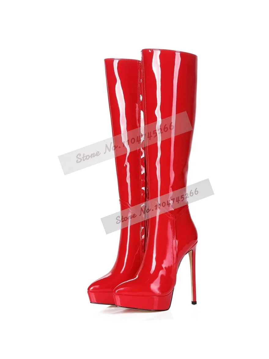Nude Matte Thin High Heel Platform Knee High Boots Pointed Toe Elegant Stilettos Tall Boots Fall Winter Outside Dress Shoes
