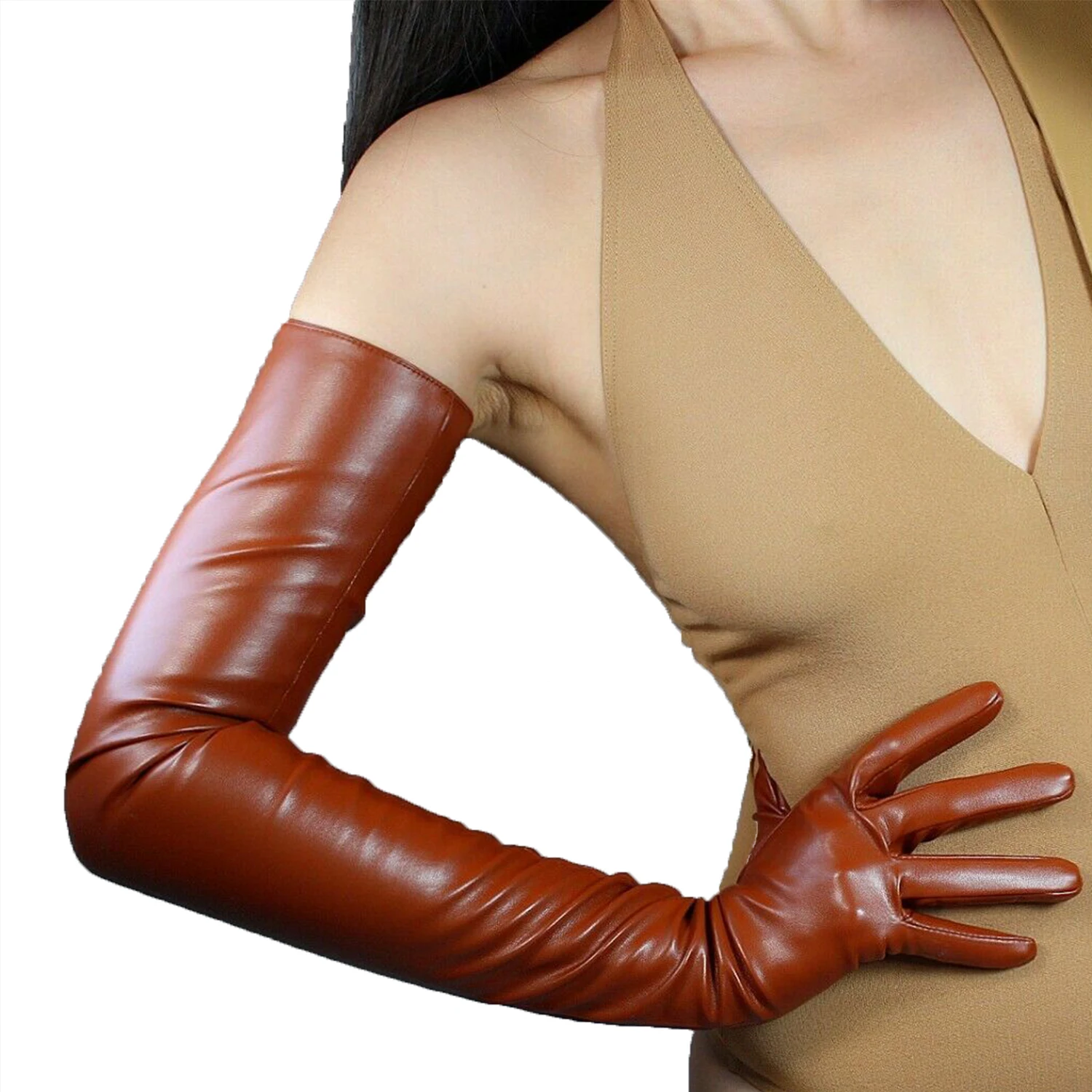 

DooWay Women's Brown Long Leather Gloves Faux Lambskin Sheepskin PU 70cm Camel Coffee Tan Winter Warm Evening Party Opera Gloves