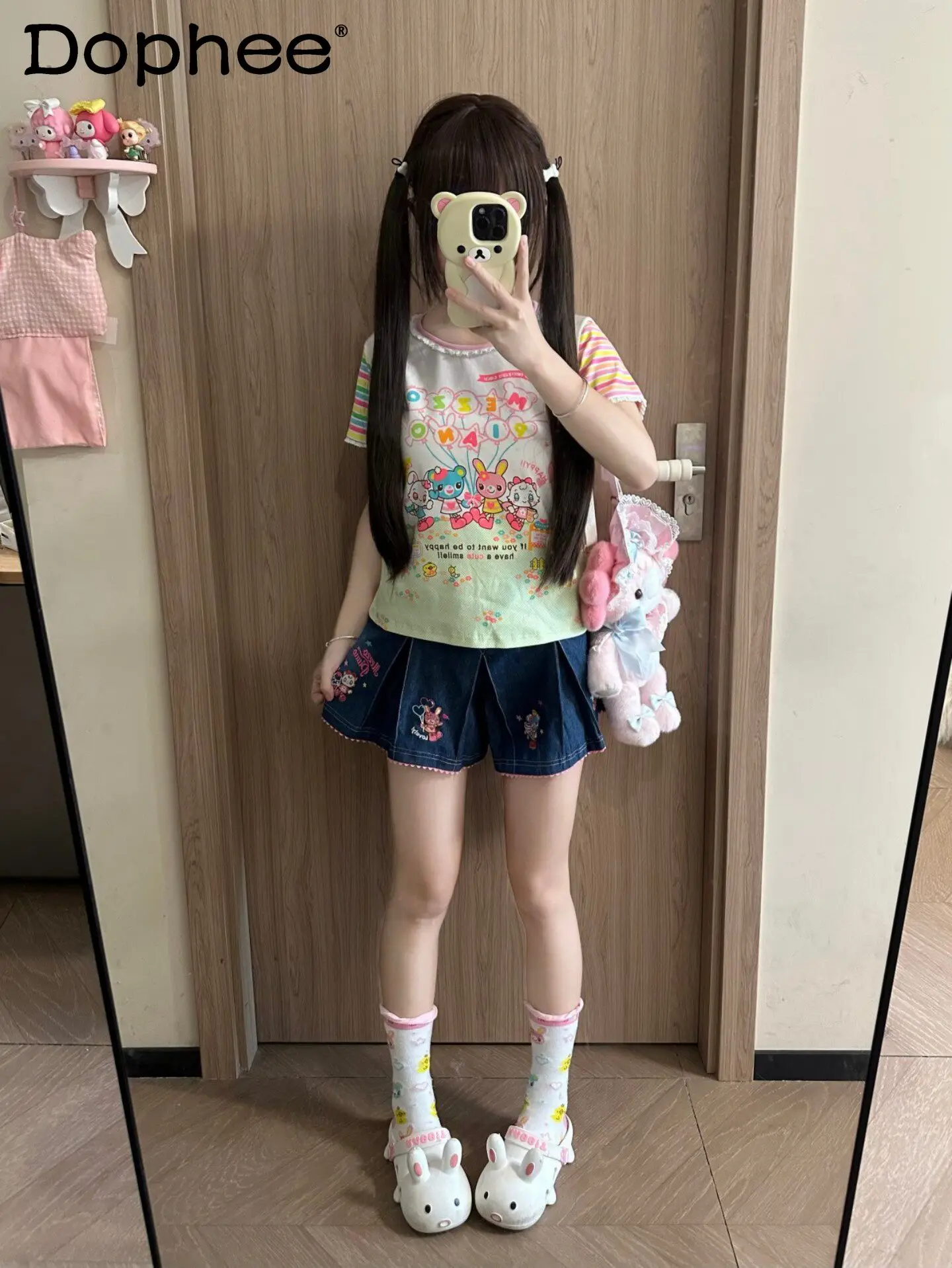 

Japanese Original Lolita Sweet Cute Daughter Dress Cartoon Soft Girl Doll Feeling Short Sleeve + Denim Skirt for Women