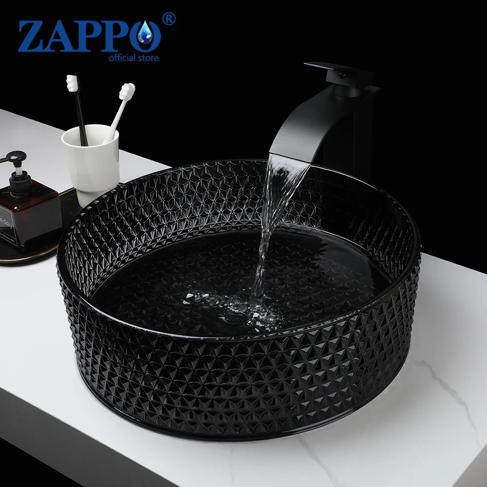 ZAPPO 블랙 욕실 베셀 싱크대 크리스탈 유리 베셀 싱크대 수도꼭지 콤보 수조 싱크대, 욕실 호텔 데크 마운트 싱크대