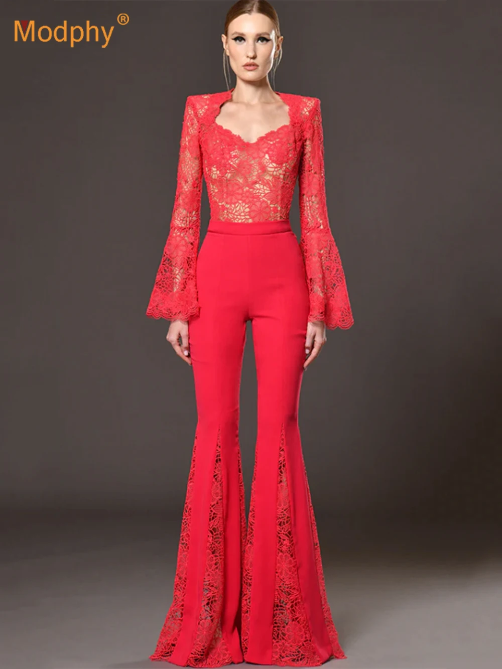 Modphy Women Red Red lace flared pants Full Length Jumpsuit Sexy Perspective Lace Splicing Fashion Celebrity Party Jumpsuits