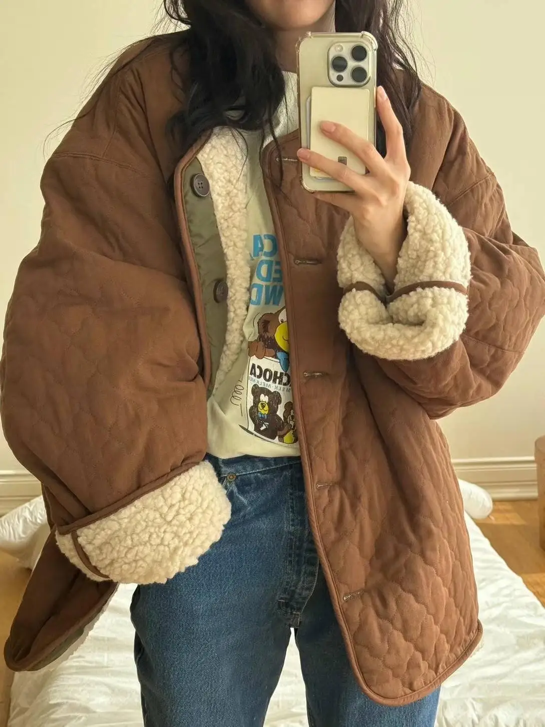 

Lattice Patterned Thiened Cotton Jaet Women's Vintage Loose Winter Warm Double-Sided Lamb Fur Coat Long Sve round Ne