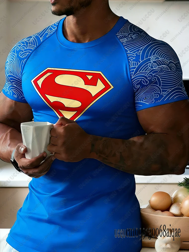 Superman Print Men Tight Running Fitness Top Summer Breathable Quick Drying Long/Short Sleeve Gym Fitness Jogging Tees Male Tops