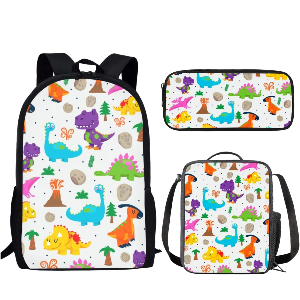 3Pcs/Set Funny Cartoon Dinosaur Printed Student Book Bag Large Capacity School Bag for Boys Girls with Lunch Bag Pencil Bag