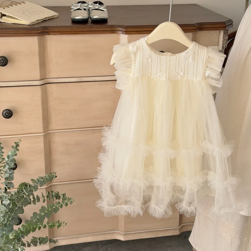 Girls' Summer Princess Flutter Sleeve Dress2026New stylish solid color floral fairy-style mesh dress for babies