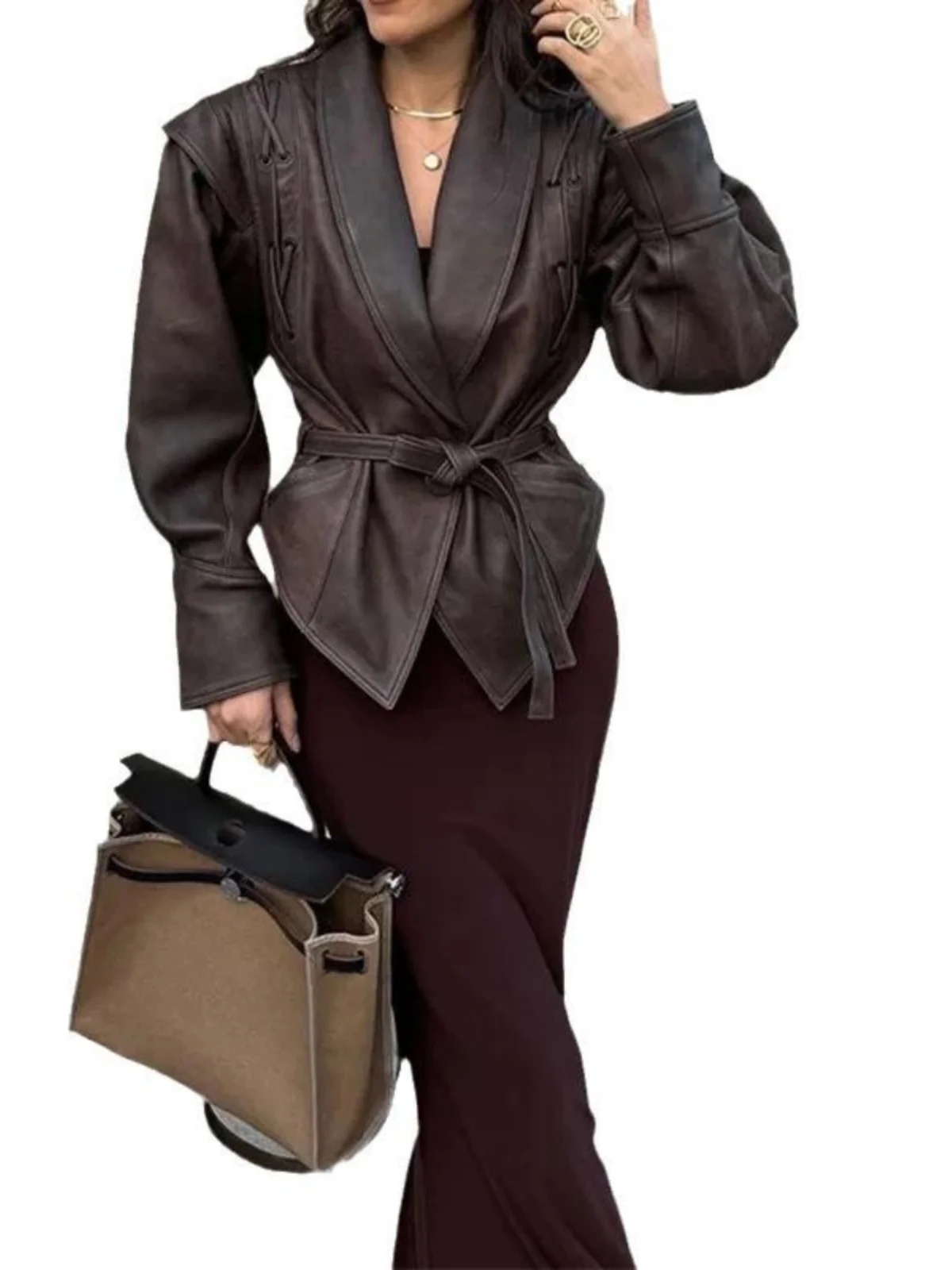

Faionable Long Sve Leather Jaet Women's Street Sle Loose Fit Zipper Closure Coat with Belt Classic Collar Design