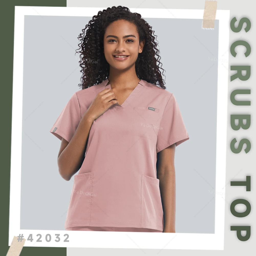 Medical Nurses Uniforms Nurse Uniform Women Short Sleeve Work Shirts Solid Color Scrubs Tops Lab Pockets Blouse Nursing Clothes