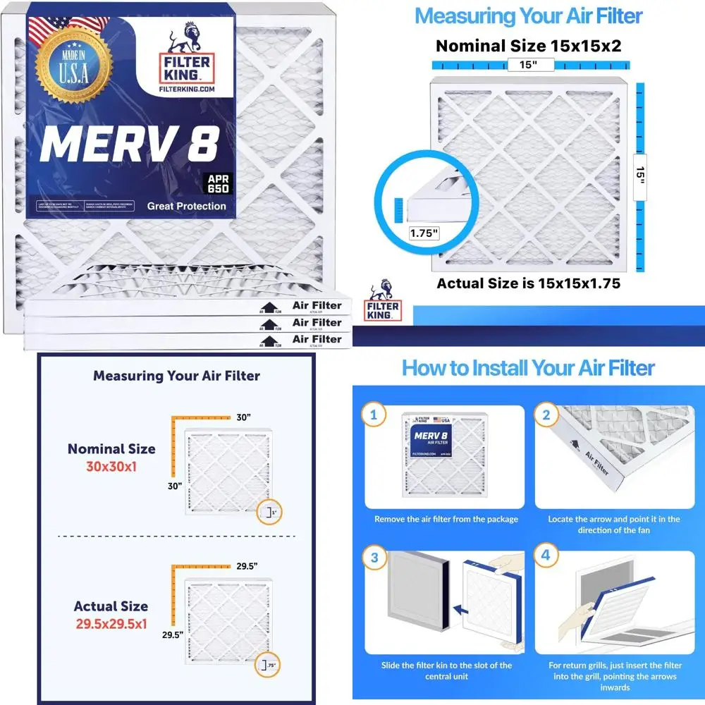 

Воздушные фильтры HVAC 15x15x2 дюйма — 6 шт. в упаковке MERV 8 плиссированных для кондиционеров и печей — сделано в США — настоящий размер 15x15x1,75 дюйма