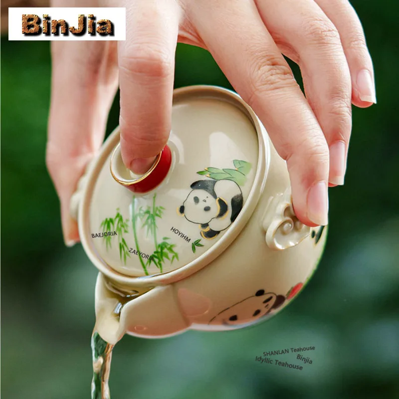 105ml Ceramic Decal Panda Paradise Hand Grab Teapot Creative Tea Infuser Pot Tea Maker Kettle With Strainer Cha Collection Craft