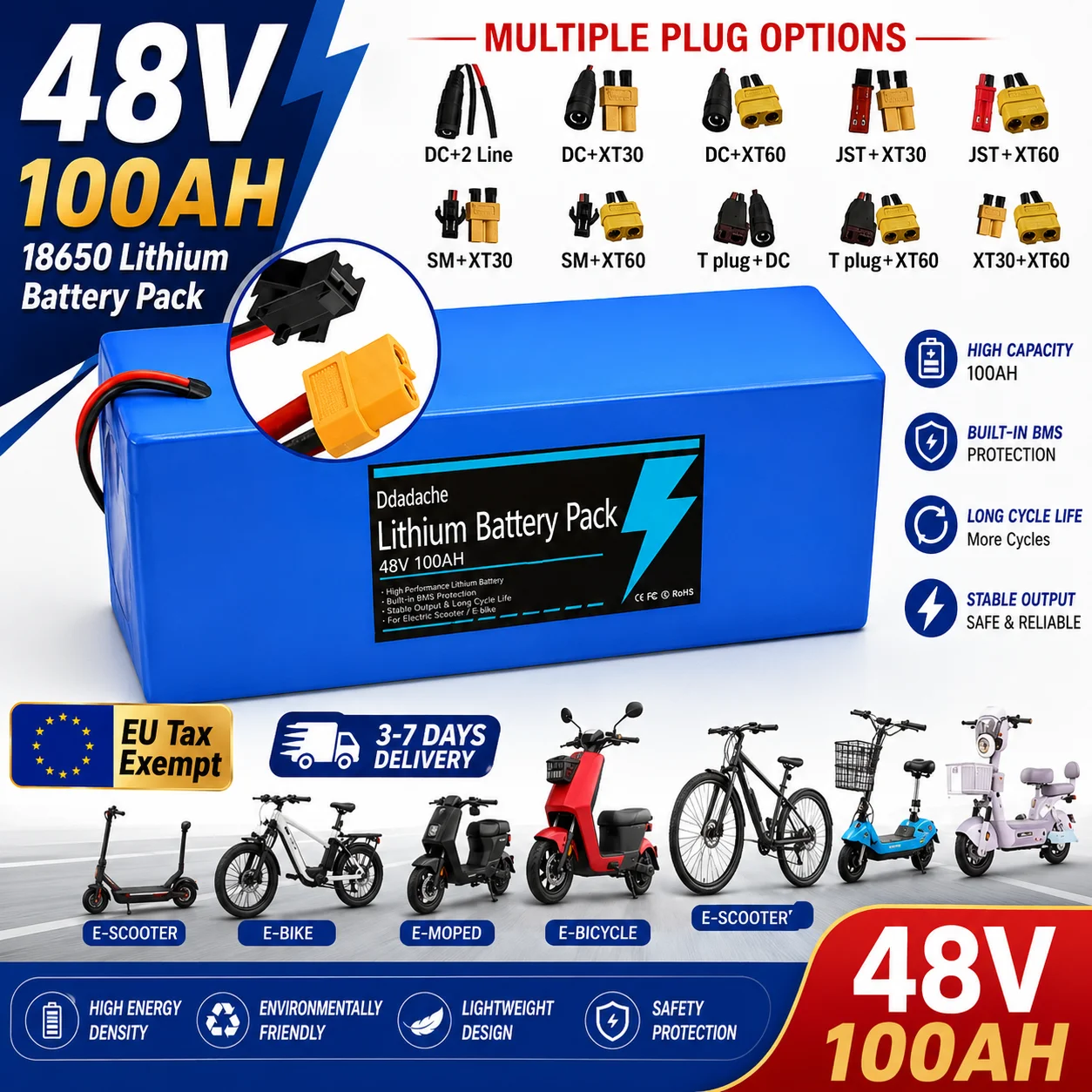 Batterie d'alimentation 100Ah 48V 100% neuve, batterie au Lithium 13S5P 18650, Pack de batteries rechargeables, BMS intelligent intégré pour machines électriques 1500W