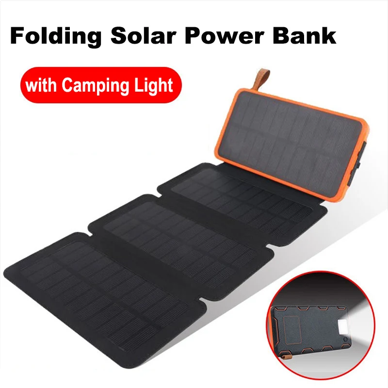 

Folding Solar Power Bank 20000mAh Waterproof Portable 2.1A Fast Charging Poverbank Solar Panel Charger Powerbank for Smartphones