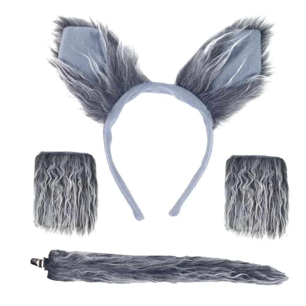 Party Kids Boy Girls Grey Wolf Costume Set Mesh Skirt Tutu Plush Animal Ear Headband Tail Paw Gloves Cosplay Accessories