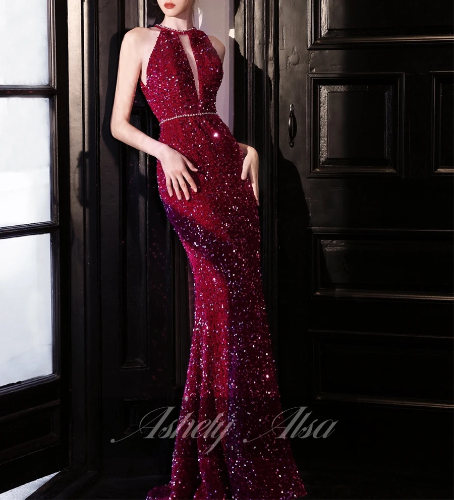 Ashely Alsa Real Picture Fuchsia Mermaid Formal Evening Dress Sexy Open Back Sequined Night Party Prom Gown Women Pageant Wear