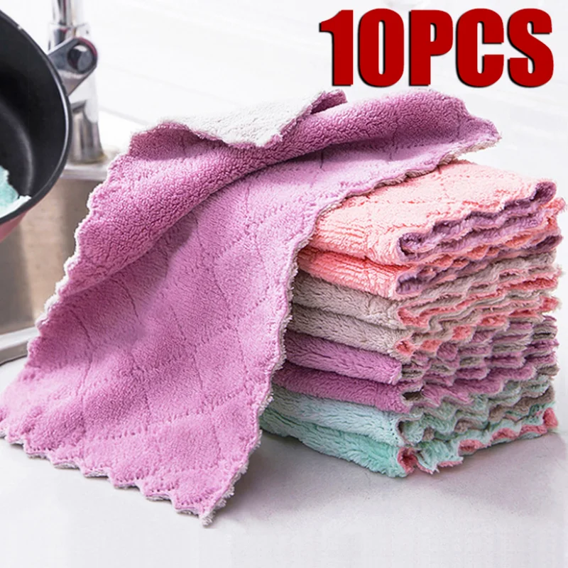 10PCS Microfiber Towel Absorbent Kitchen Cleaning Cloth Non-stick Oil Dish Towel Rags Napkins Tableware Household Cleaning Towel