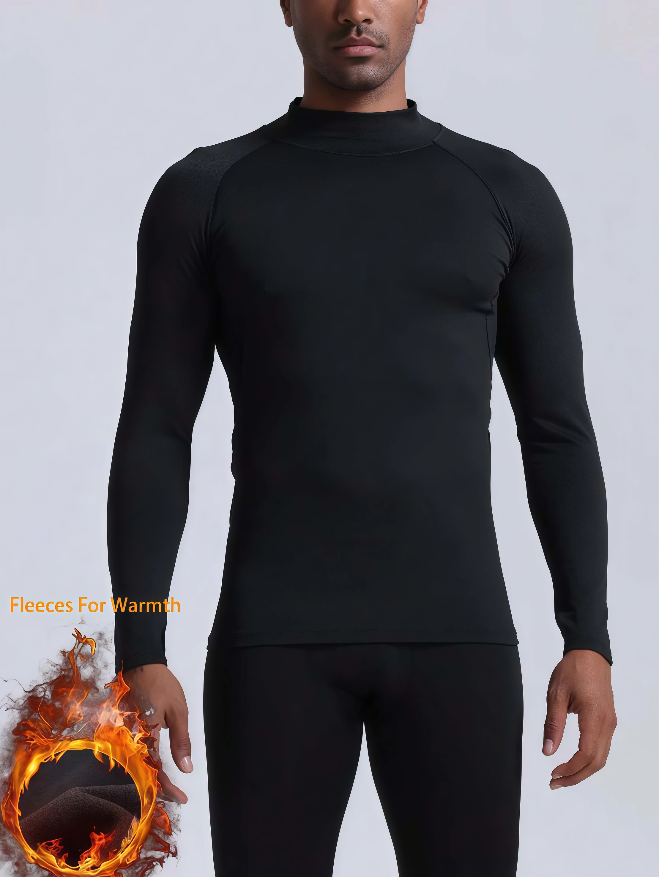1Set Men’s Black Warm Compression Fleece Tracksuit Mock Neck Slim Fit Elastic Sportswear Running Training Gym Workout Suit