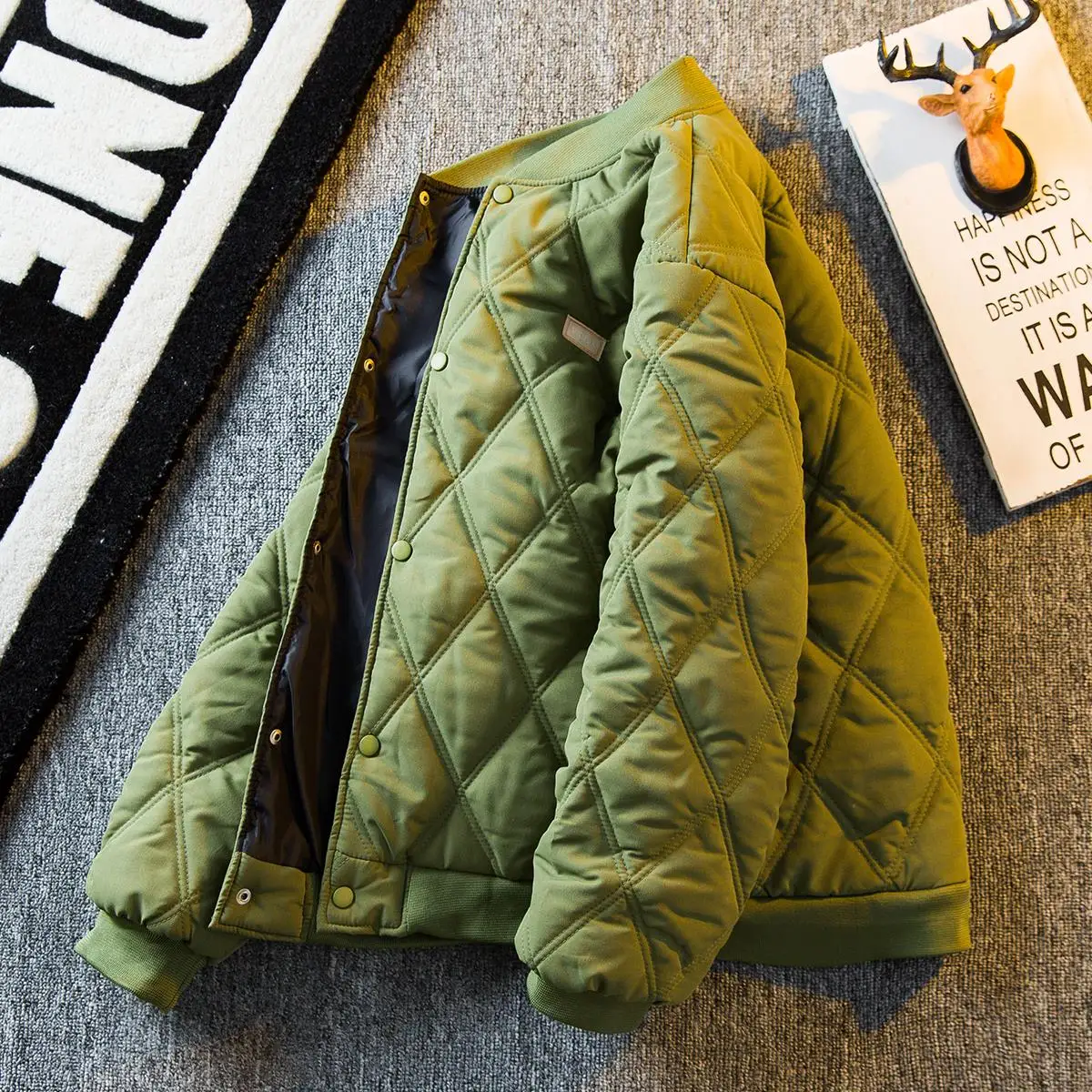 Rautenmuster Thiened Winter Baumwolle Jaet Herren Baseball Kragen Mantel Lange Sle Stand Fit Trendy Jugend Sle